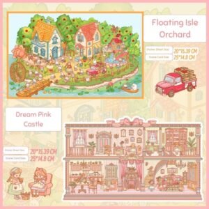 FH02 Fairy Tale Pink Castle & Floating Isle Orchard 2 Scene Stickers Set - Reusable PET Film + Free Metal Tweezers!​
