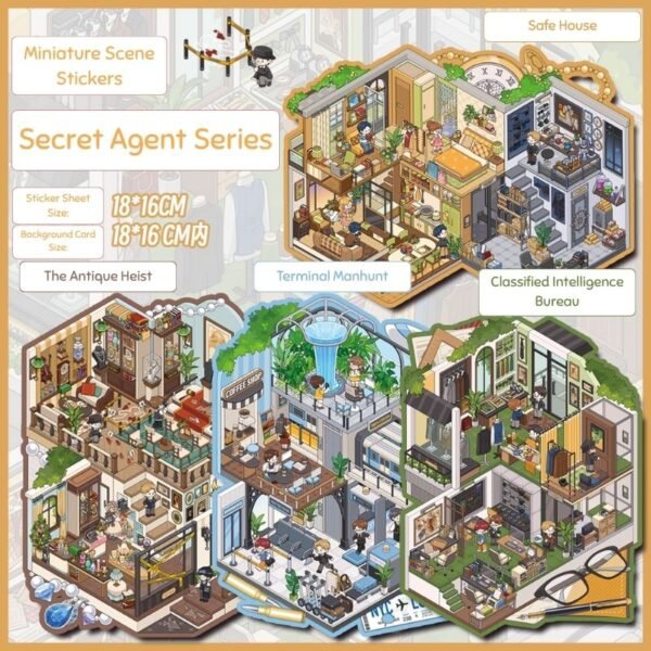 FH03 Espionage Scene Sticker Set: 4 Immersive Spy Scenes 3D Stickers