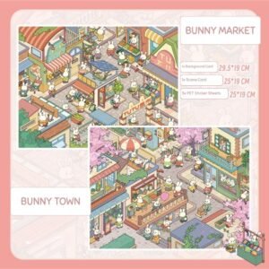FH01 Bunny Market & Town 3D Scene Sticker Set of 2- Double Scene Reusable PET Film with Free Tweezers​
