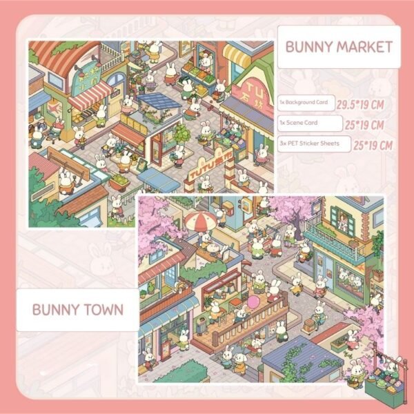 FH01 Bunny Market & Town 3D Scene Sticker Set of 2- Double Scene Reusable PET Film with Free Tweezers​