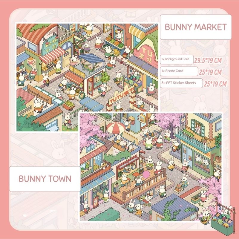 FH01 Bunny Market & Town 3D Scene Sticker Set of 2- Double Scene Reusable PET Film with Free Tweezers​