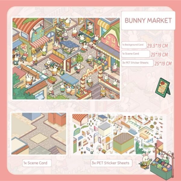 FH01 Bunny Market & Town 3D Scene Sticker Set of 2- Double Scene Reusable PET Film with Free Tweezers​ - Image 2